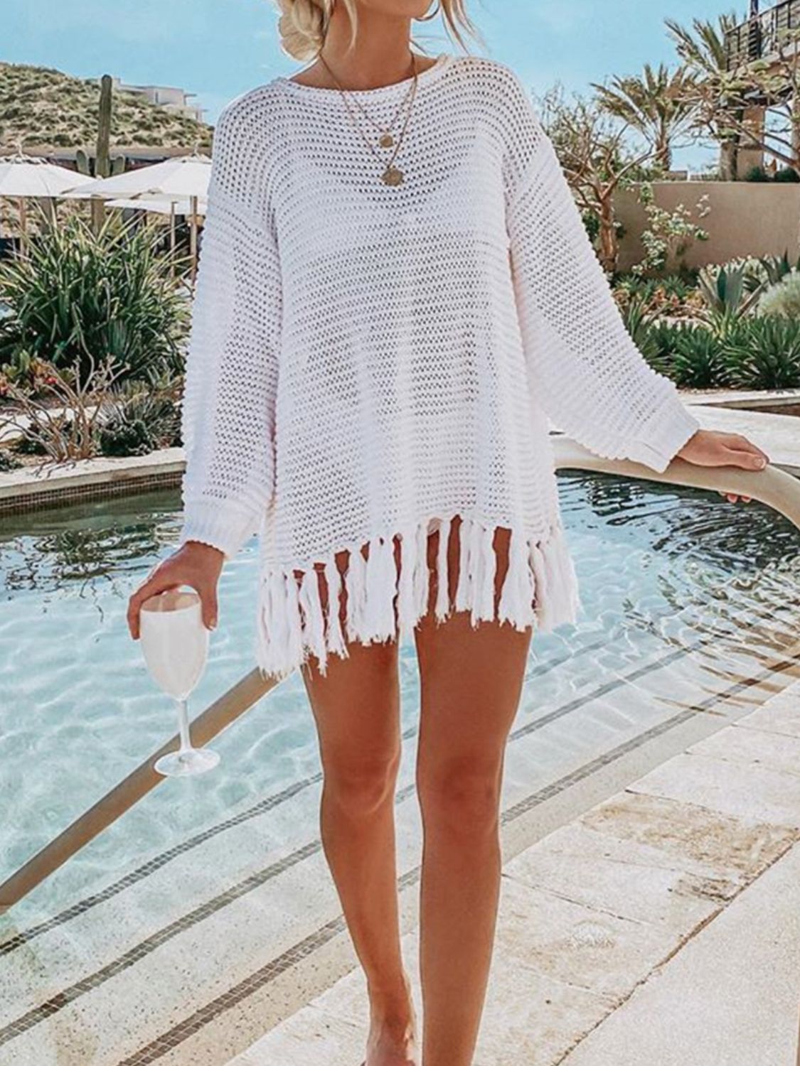 Openwork Tassel Hem Knit Cover Up