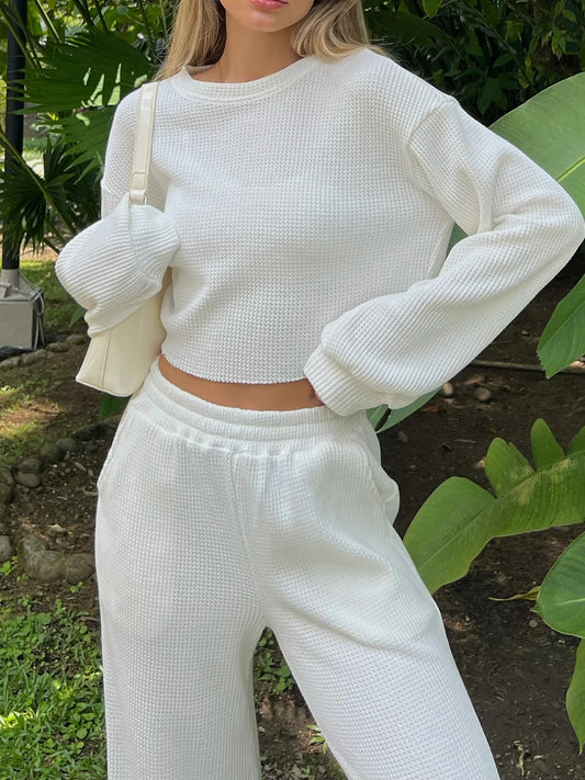 Waffle-Knit Top and Pants Set