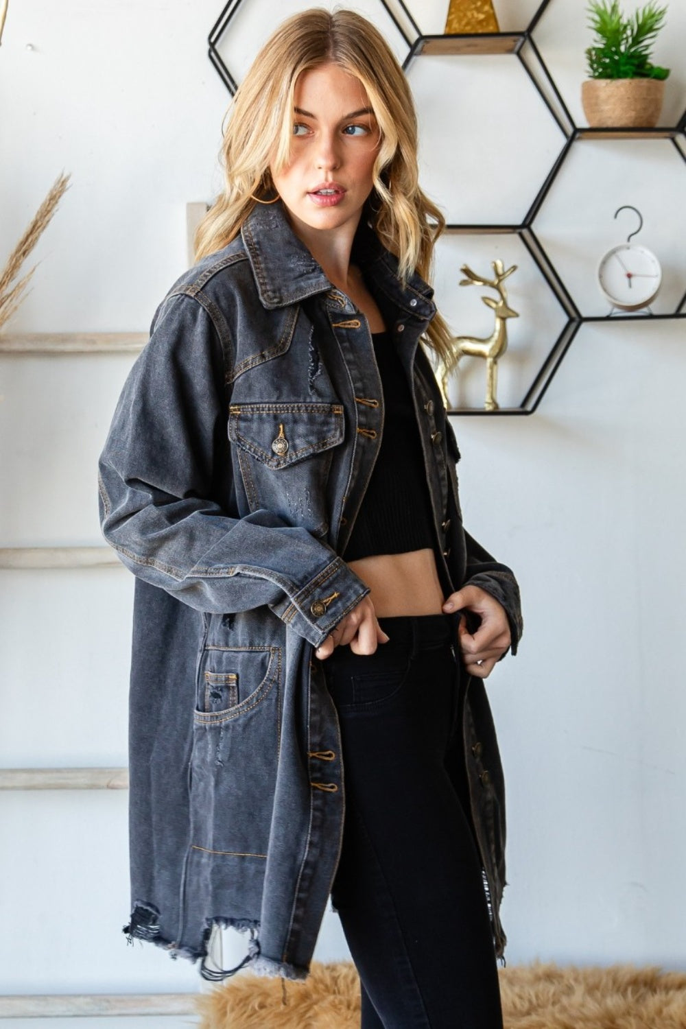 Distressed Frayed Hem Denim Jacket