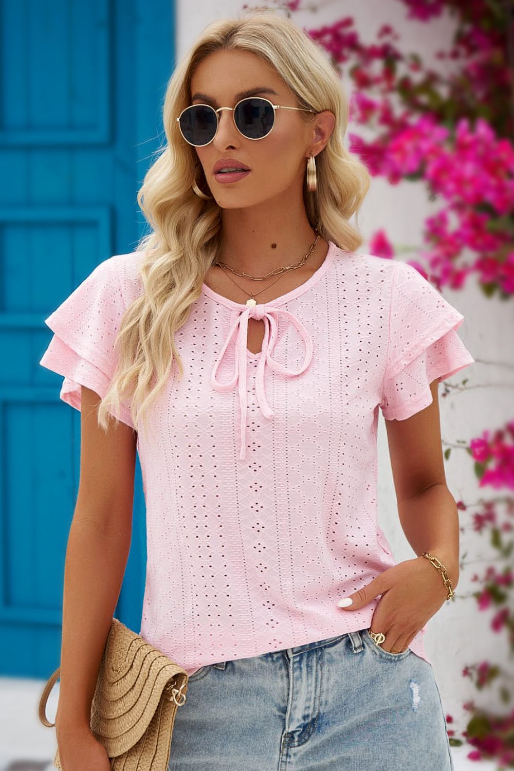 Tie-Neck Flutter Sleeve Blouse