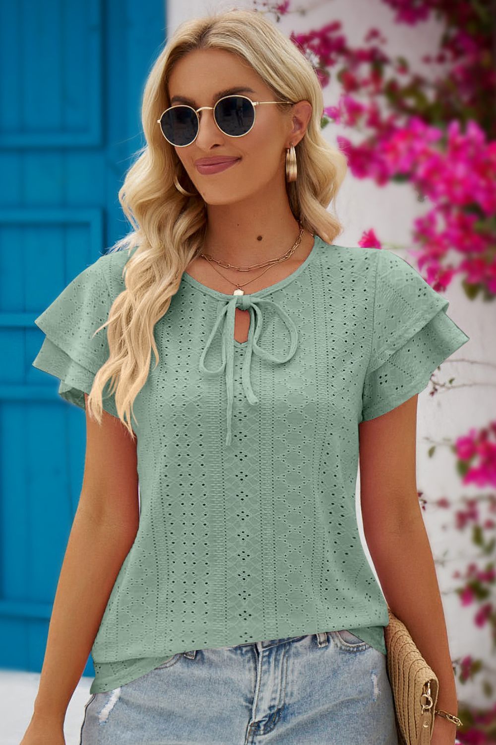 Tie-Neck Flutter Sleeve Blouse