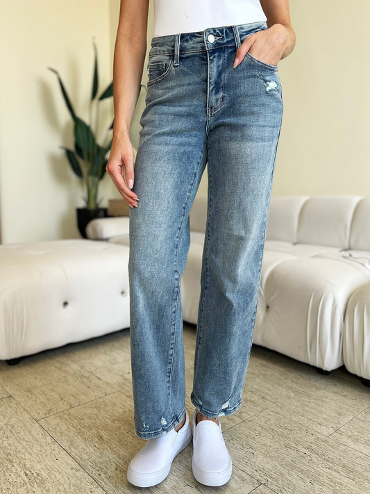 High Waisted Distressed Straight Cut Jeans