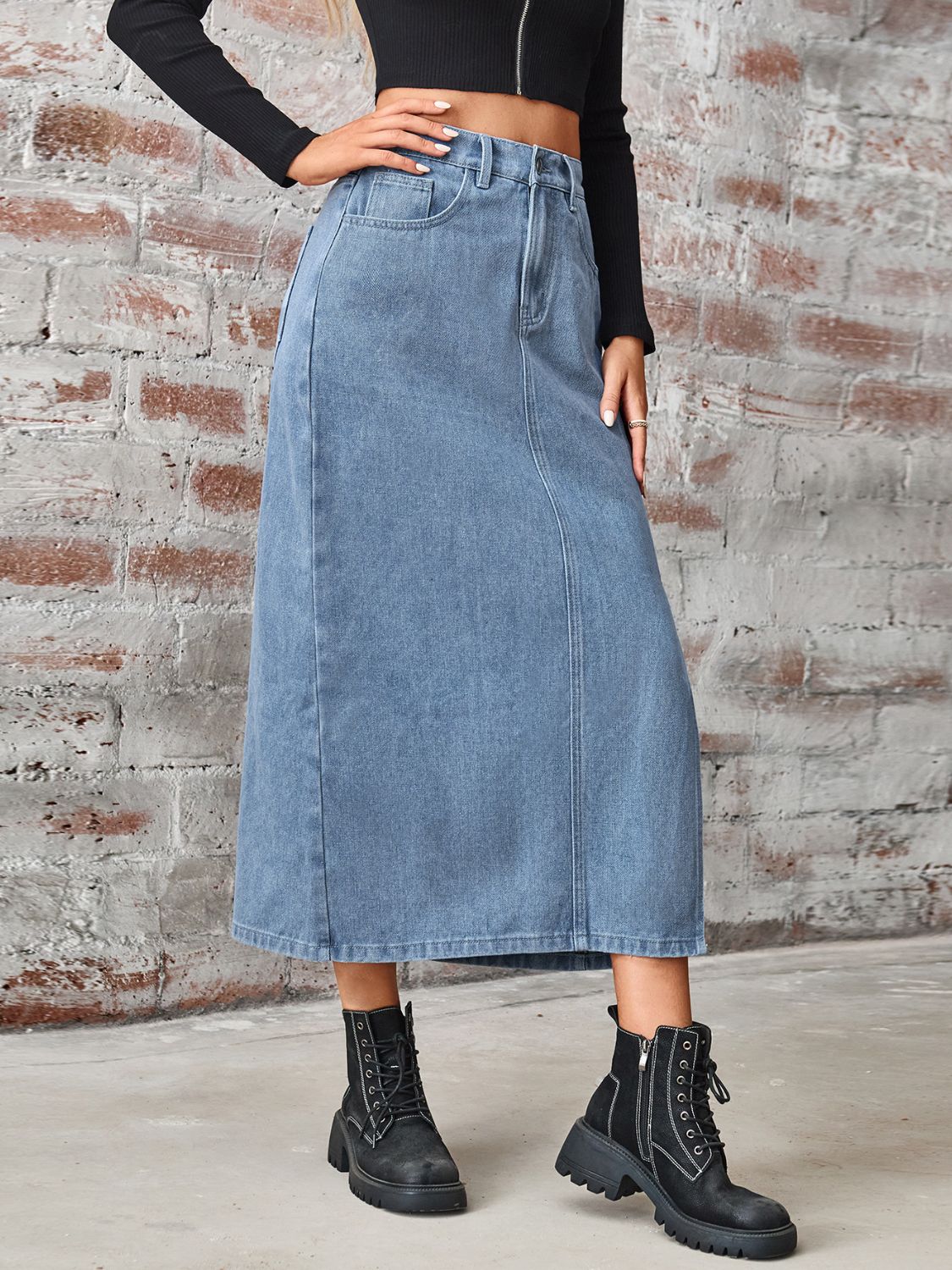 High Waisted Denim Skirt with Slit