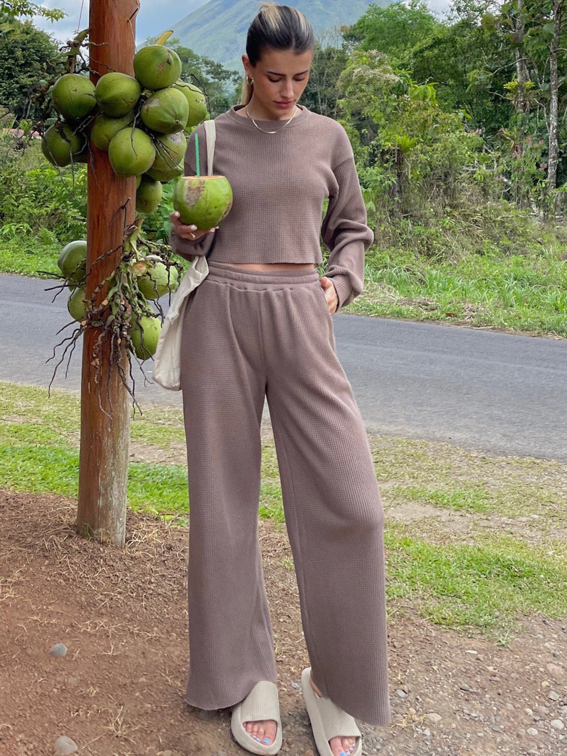 Waffle-Knit Top and Pants Set