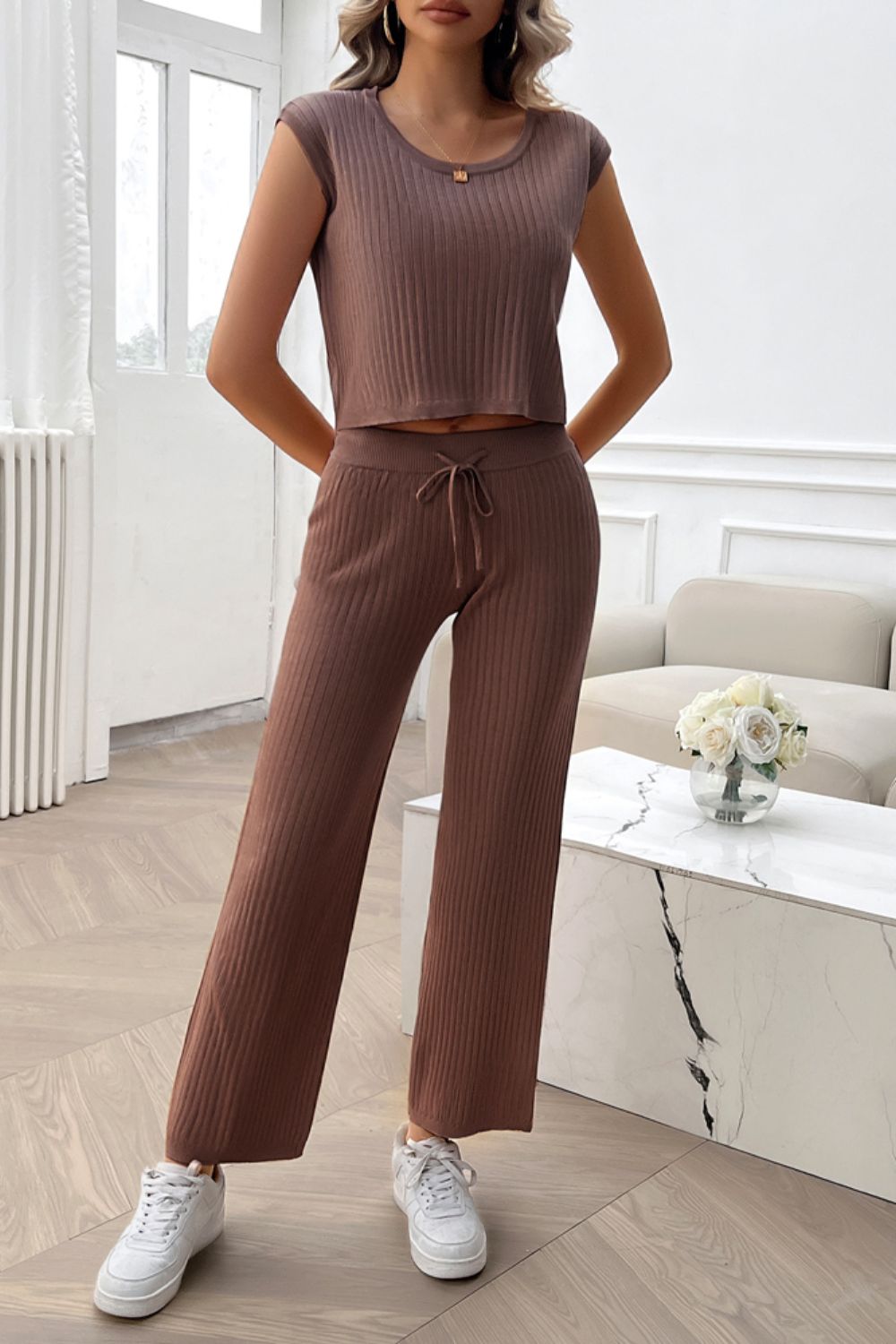 Soft Sweater Ribbed Top and Pants Set