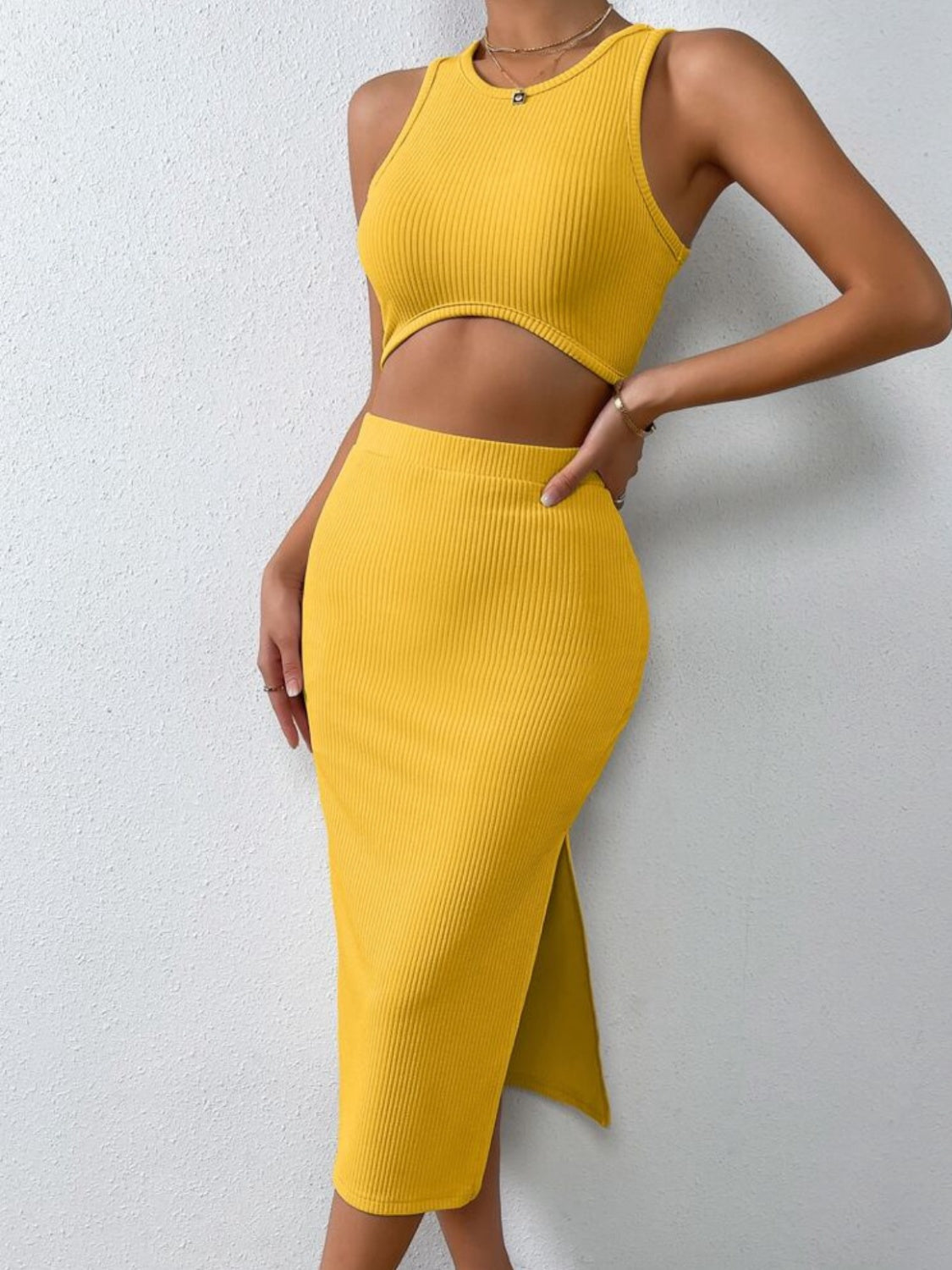 Such a Serve Ribbed Tank and Slit Skirt Set