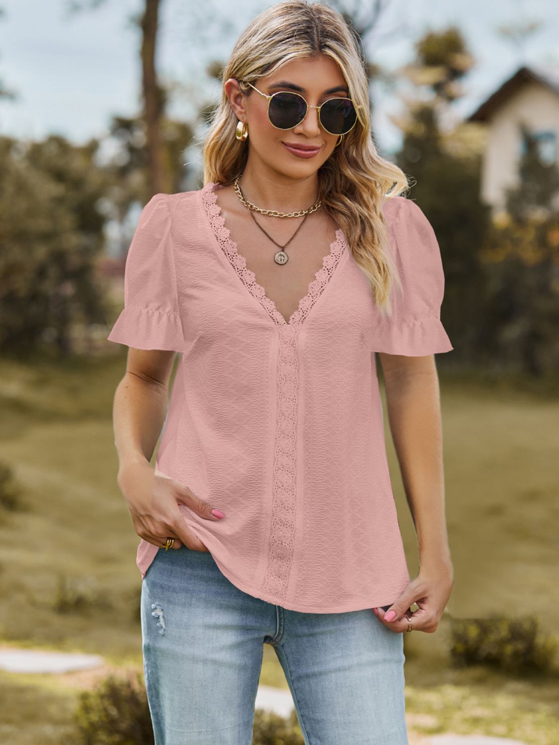 Lace Detailed V-Neck Blouse