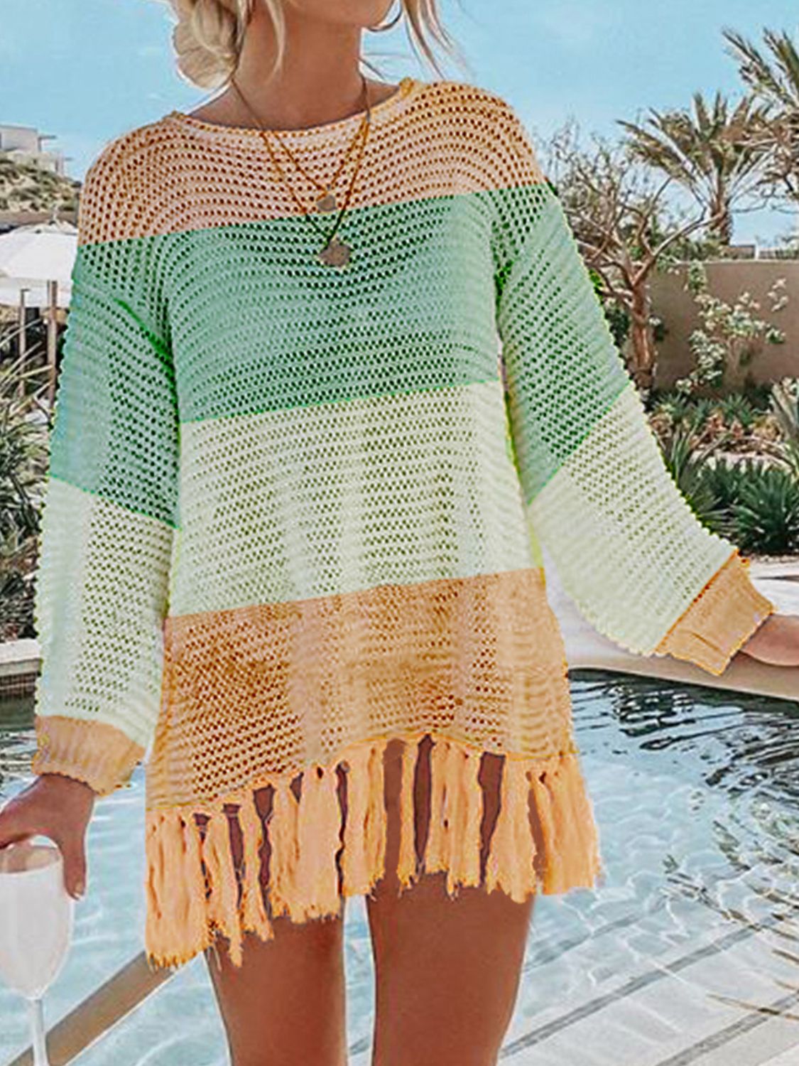 Openwork Tassel Hem Knit Cover Up