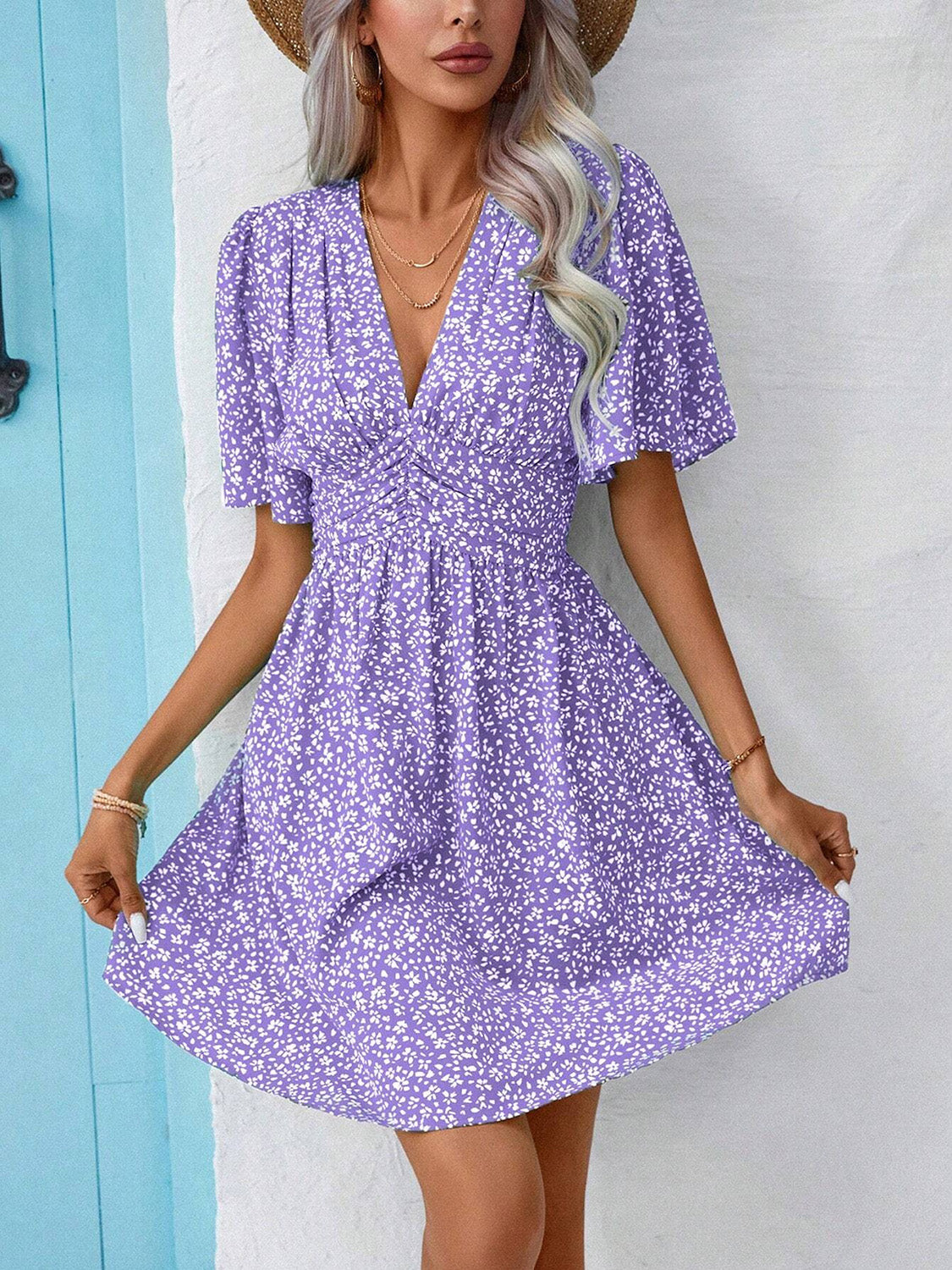 V-Neck Half Sleeve Mini Dress