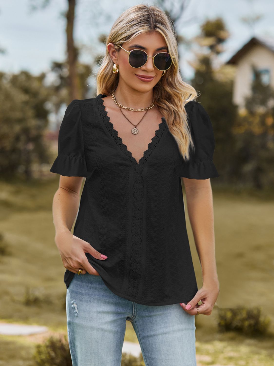 Lace Detailed V-Neck Blouse