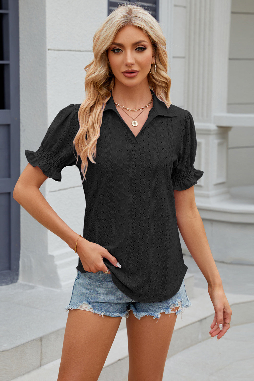 Johnny Collar Short Sleeve Blouse