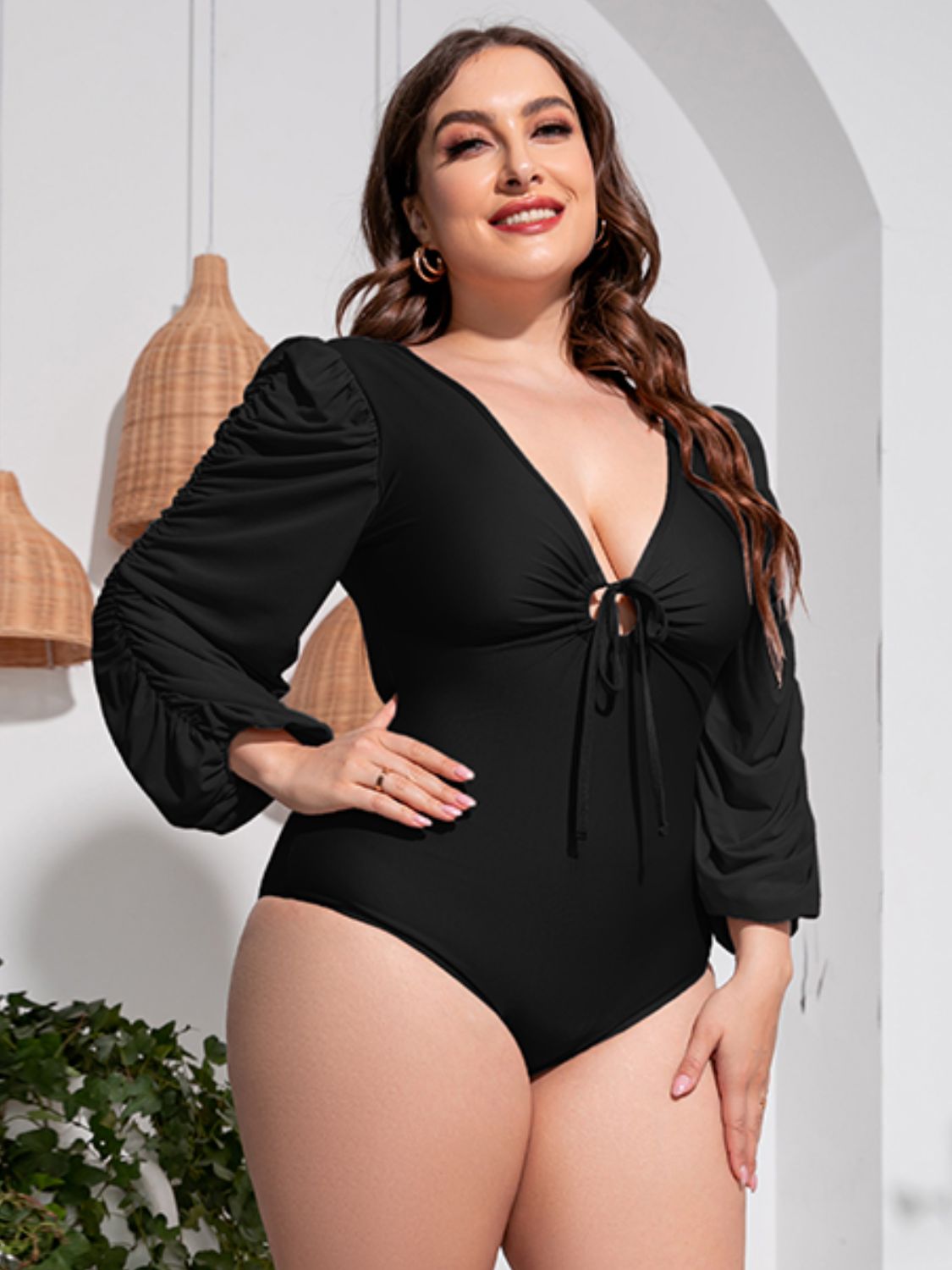 Tied Deep V Plus Size One-Piece Swimsuit