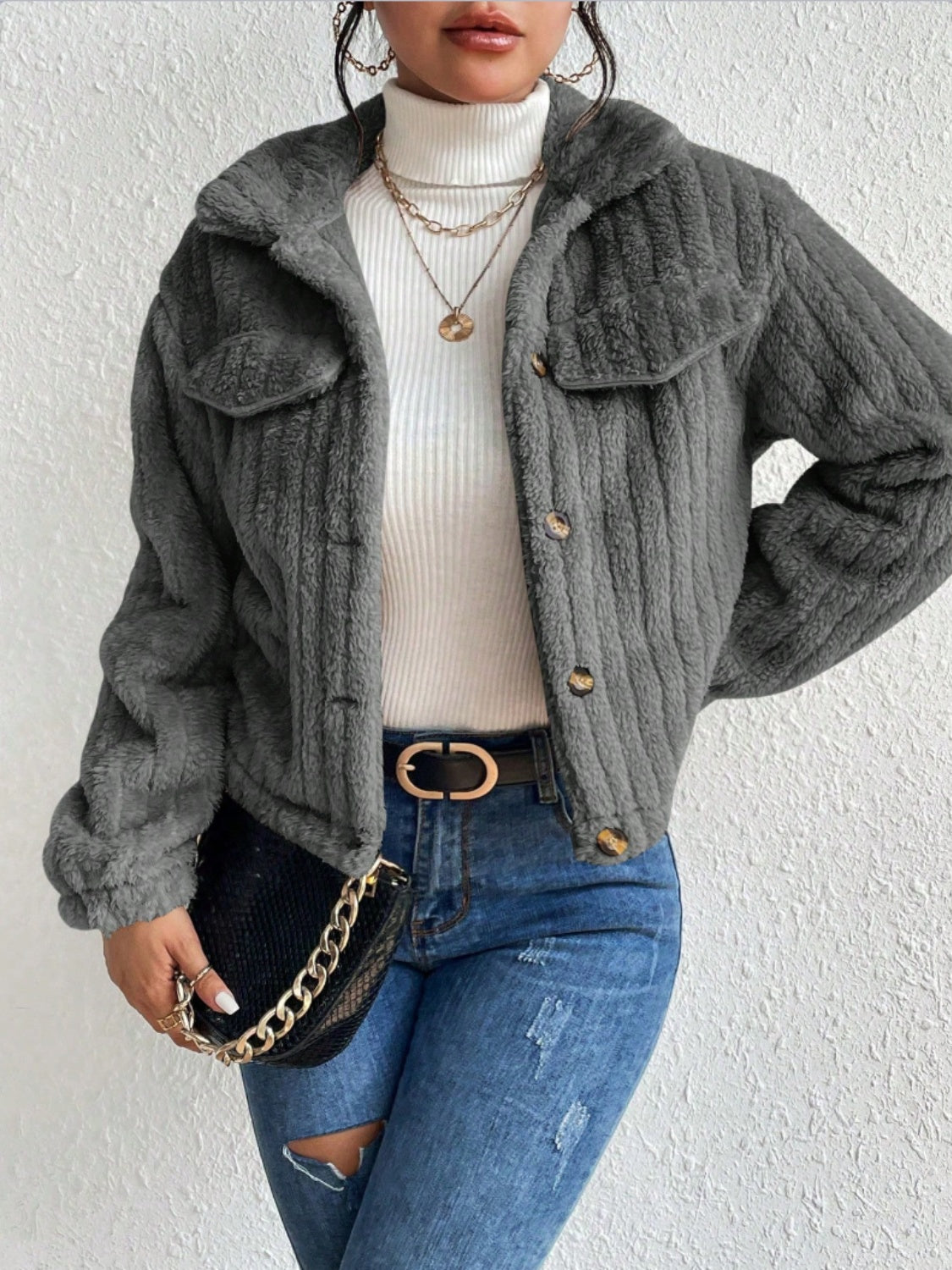 Fuzzy Button Up Jacket