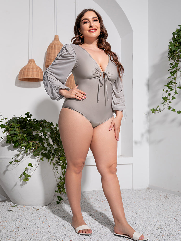 Tied Deep V Plus Size One-Piece Swimsuit