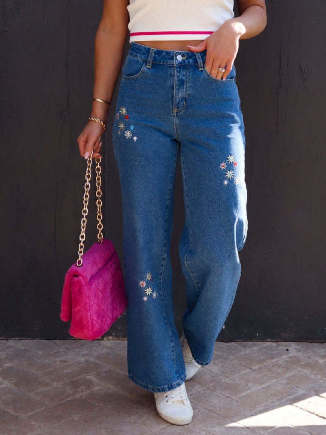 Flower Embroidered Straight Jeans