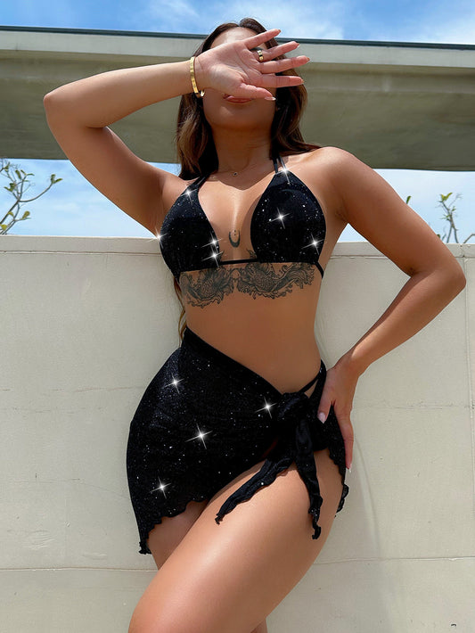 Glitter Halter Neck Three-Piece Swim Set