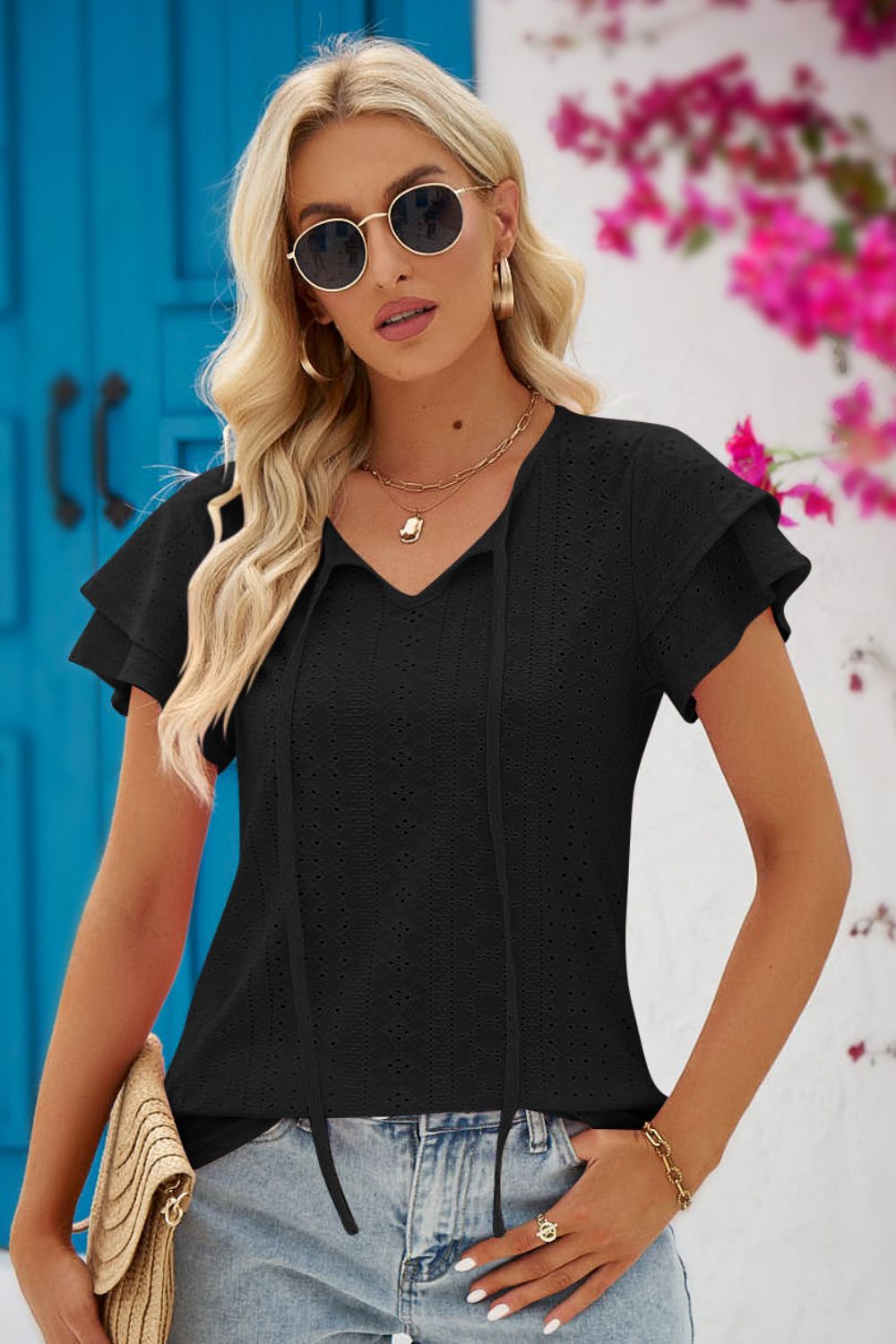 Tie-Neck Flutter Sleeve Blouse