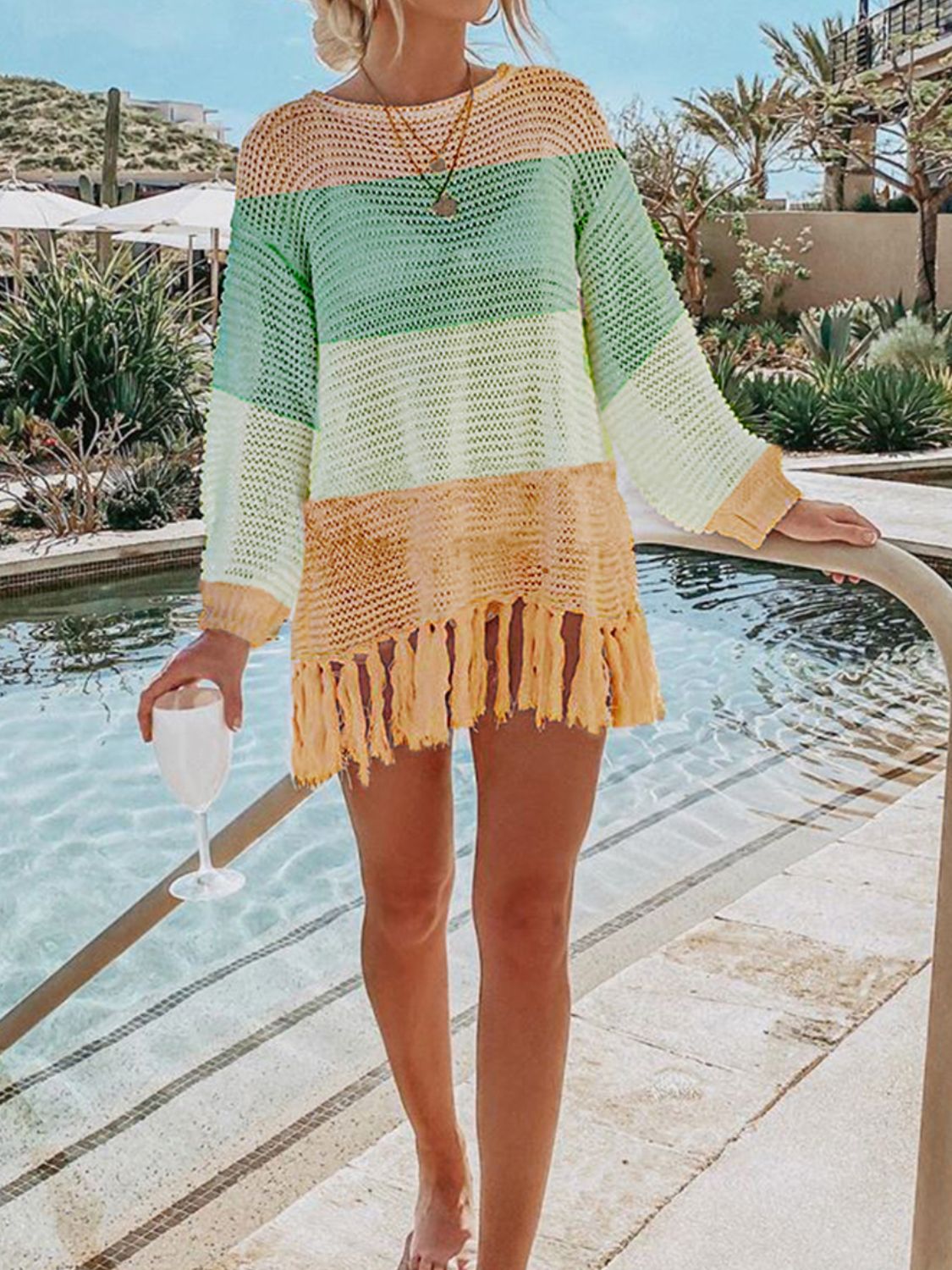 Openwork Tassel Hem Knit Cover Up