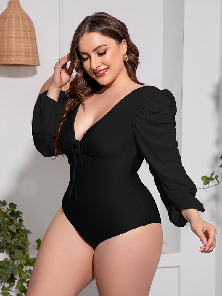 Tied Deep V Plus Size One-Piece Swimsuit