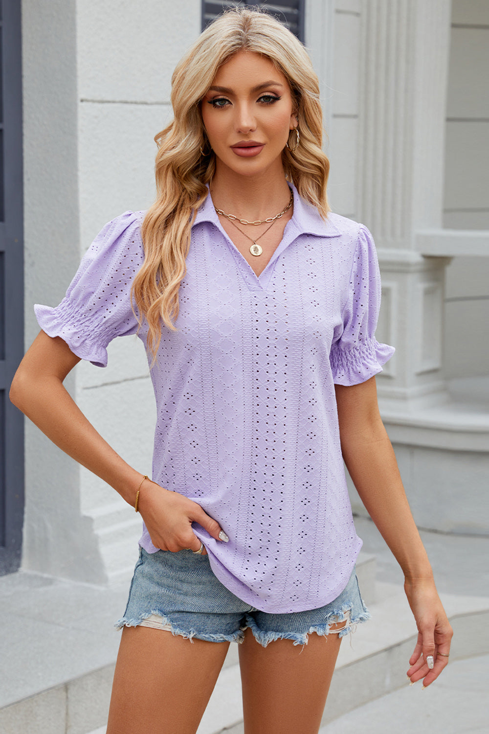 Johnny Collar Short Sleeve Blouse