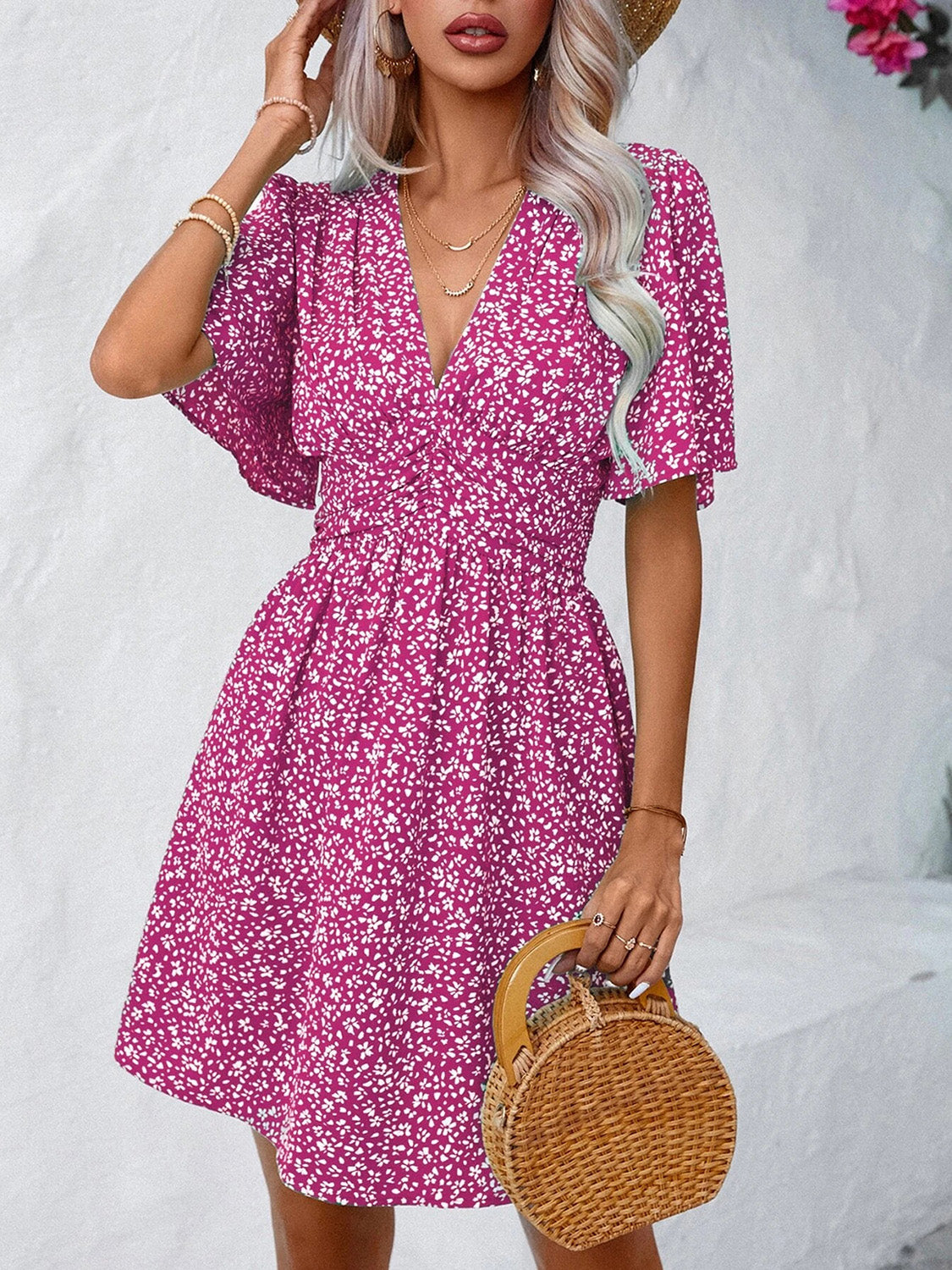 V-Neck Half Sleeve Mini Dress