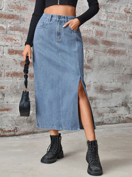 High Waisted Denim Skirt with Slit