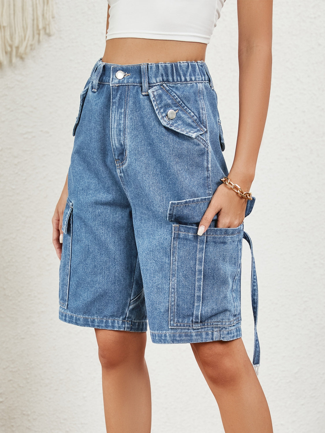 Elastic Waist Denim Shorts