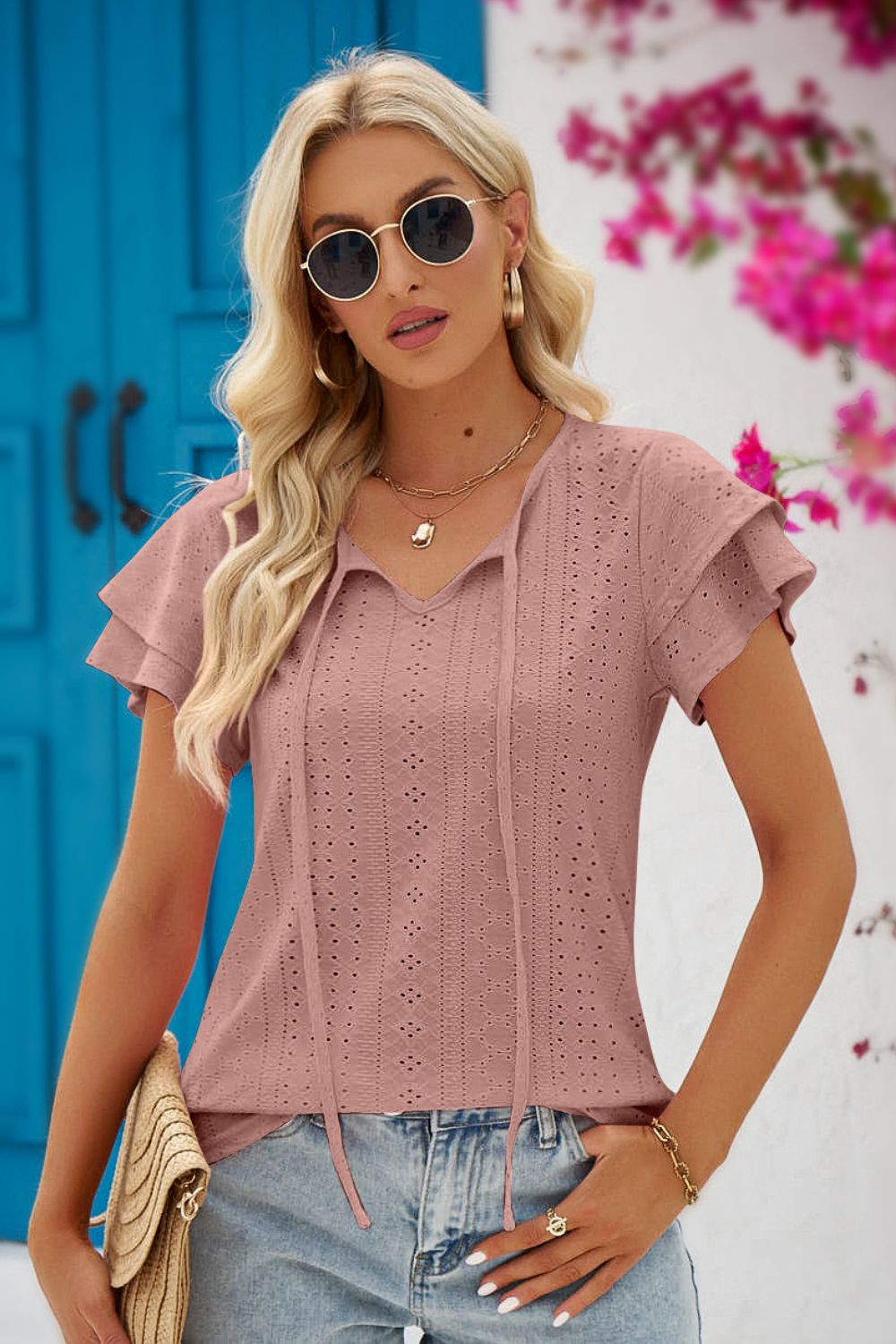 Tie-Neck Flutter Sleeve Blouse