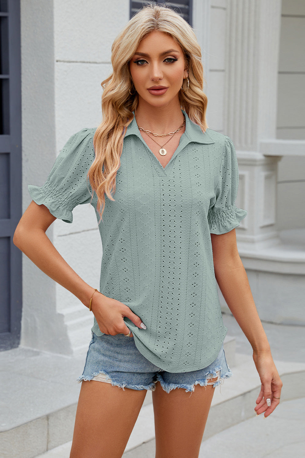 Johnny Collar Short Sleeve Blouse