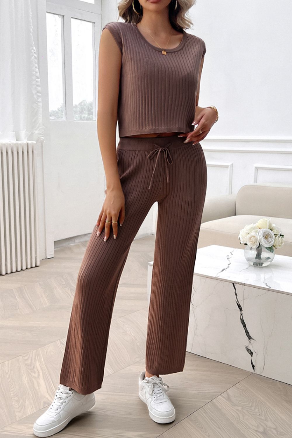 Soft Sweater Ribbed Top and Pants Set