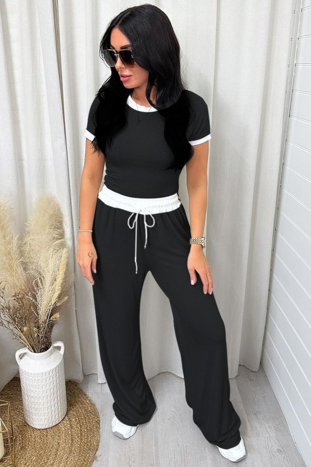 Clean Contrast Top and Pants Set