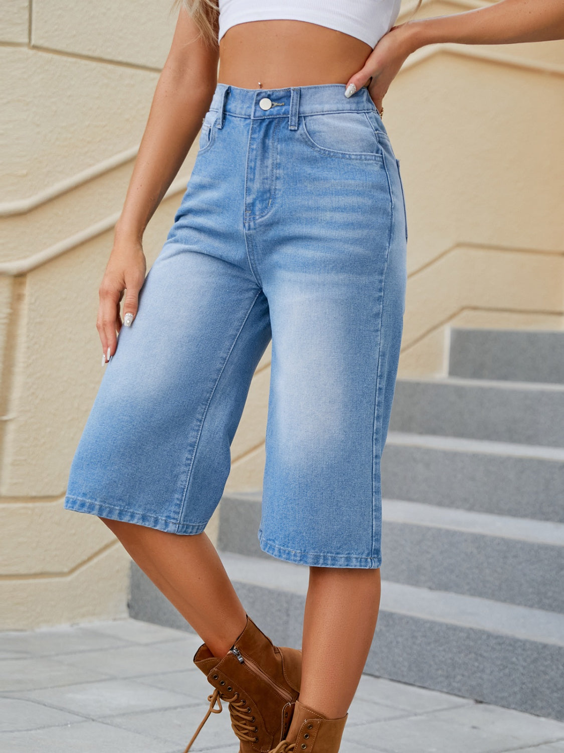 High Waisted Long Denim Shorts