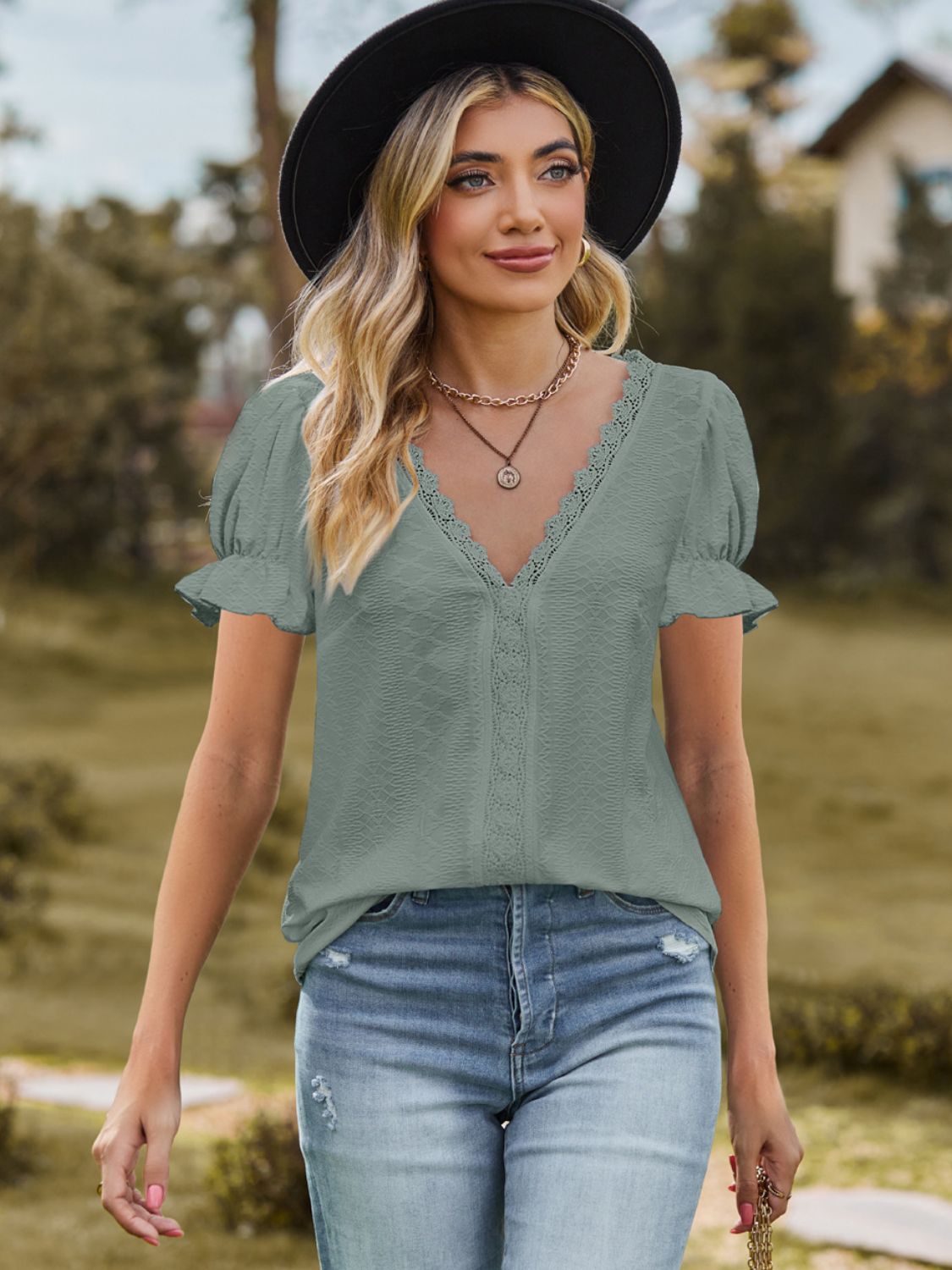 Lace Detailed V-Neck Blouse