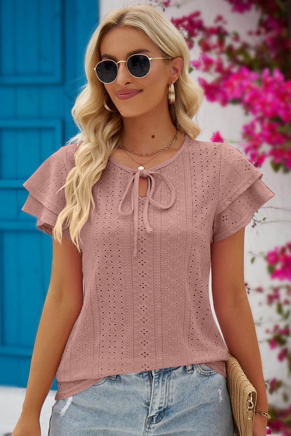 Tie-Neck Flutter Sleeve Blouse