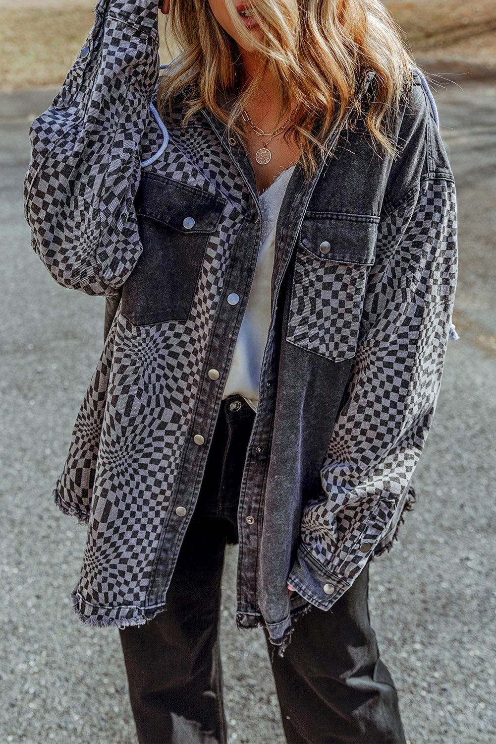 Raw Hem Checkered Drawstring Hooded Jacket