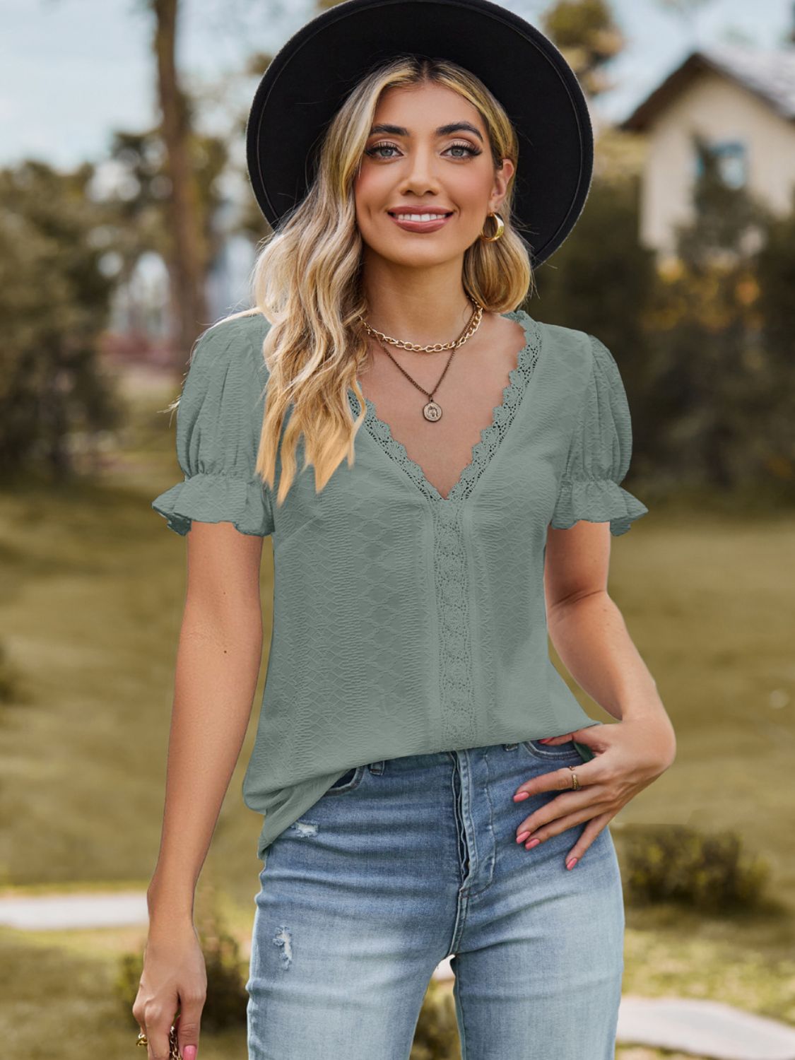 Lace Detailed V-Neck Blouse