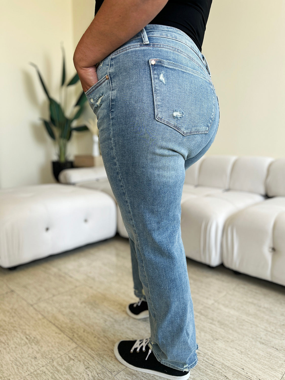 High Waisted Distressed Straight Cut Jeans