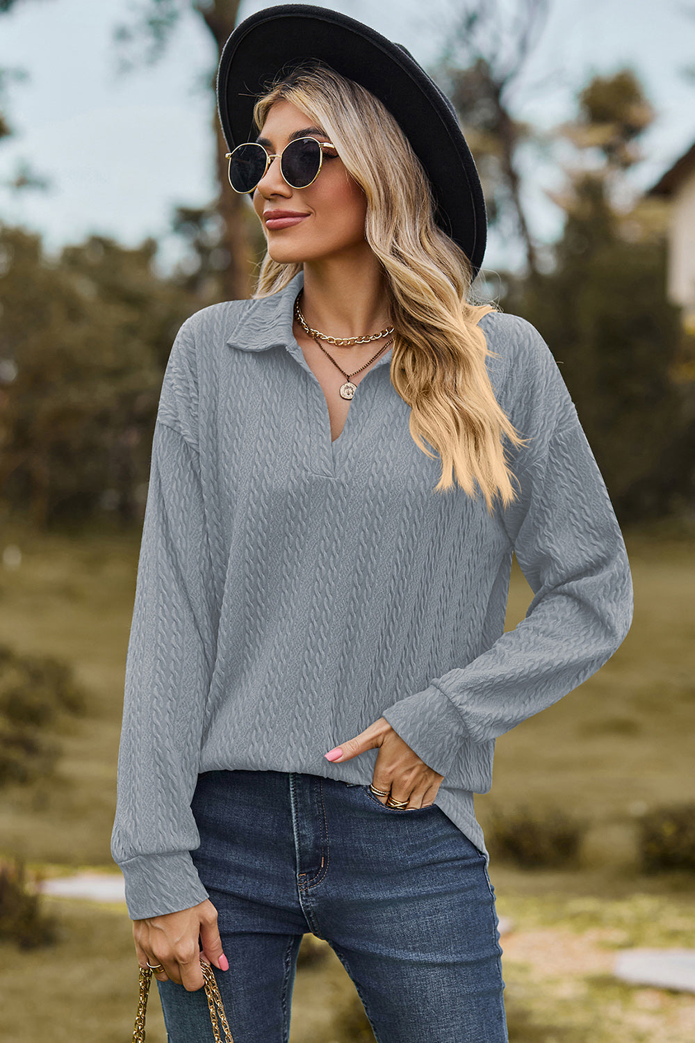 Long-Sleeve Collared Blouse