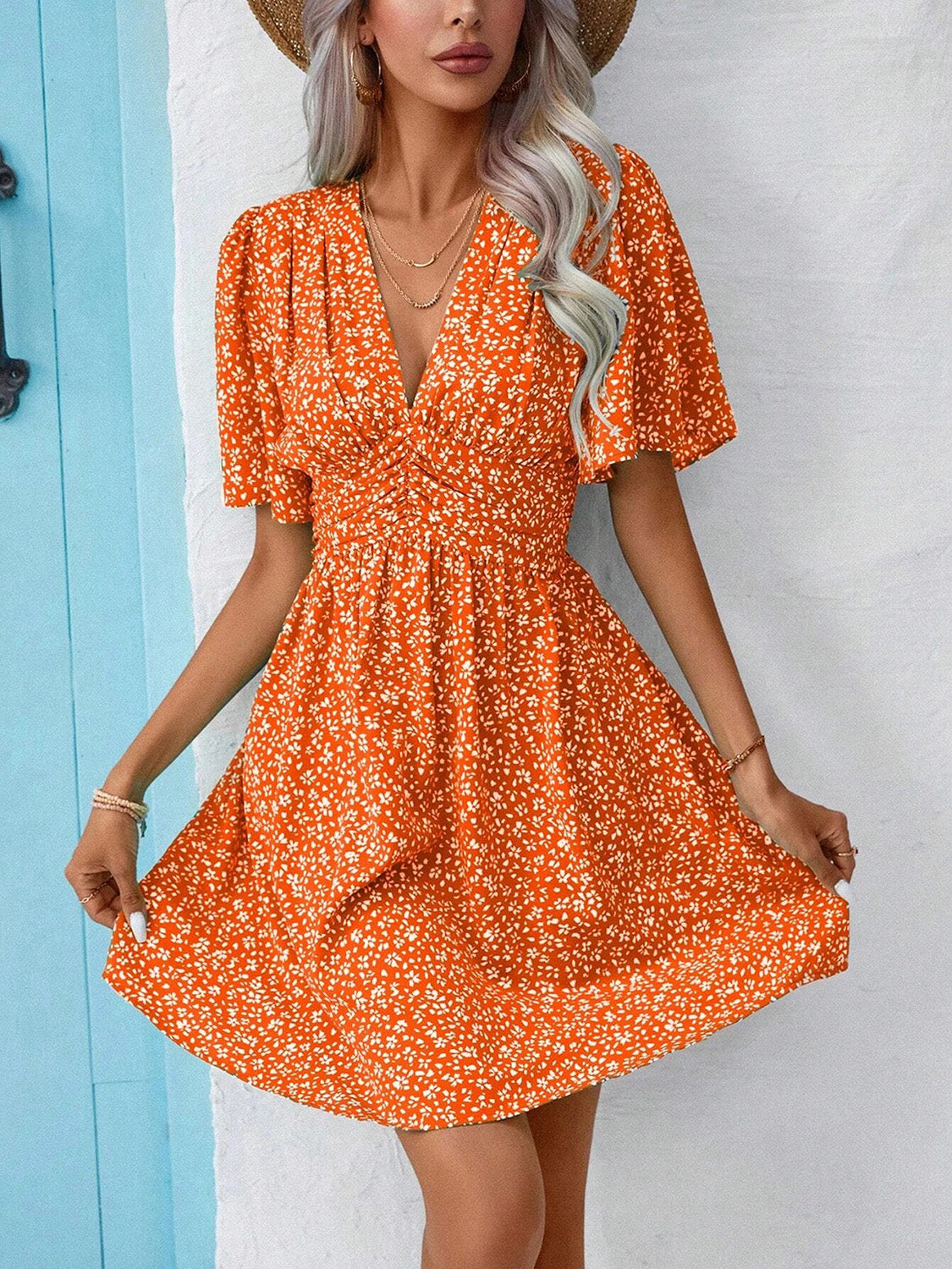 V-Neck Half Sleeve Mini Dress