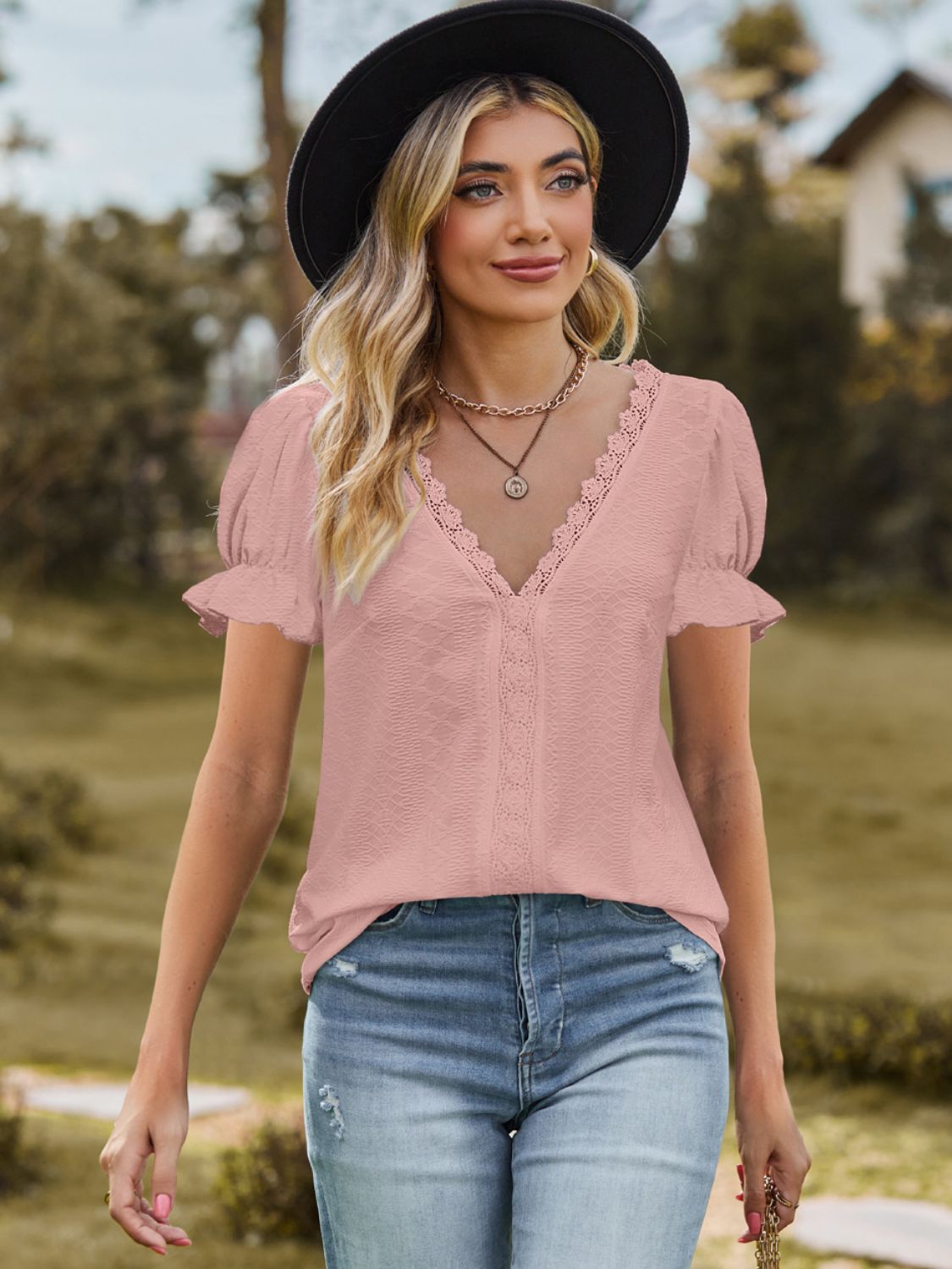 Lace Detailed V-Neck Blouse