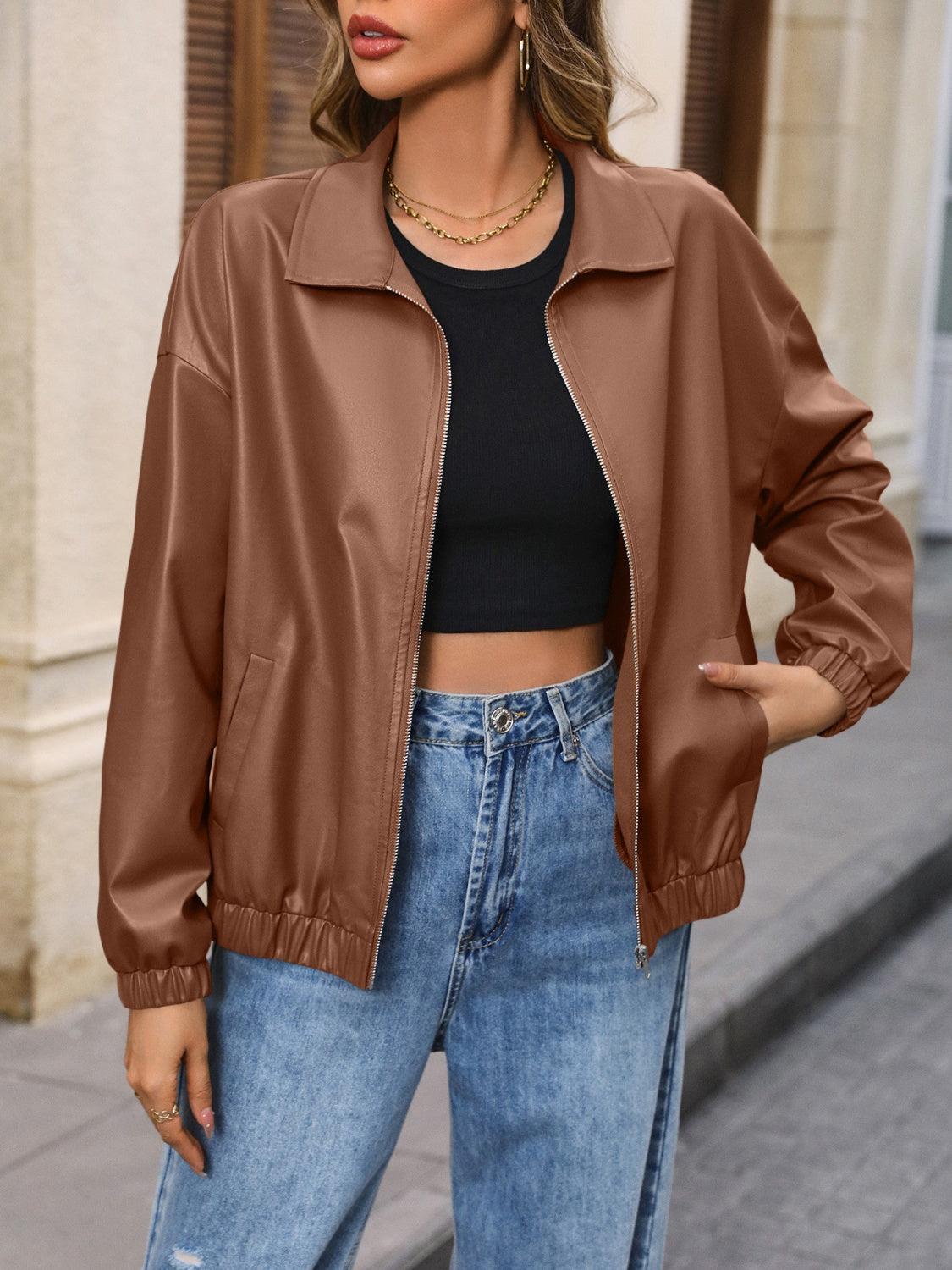 Faux Leather Zip Up Jacket