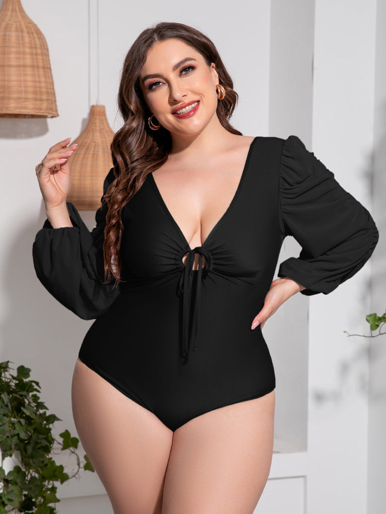 Tied Deep V Plus Size One-Piece Swimsuit