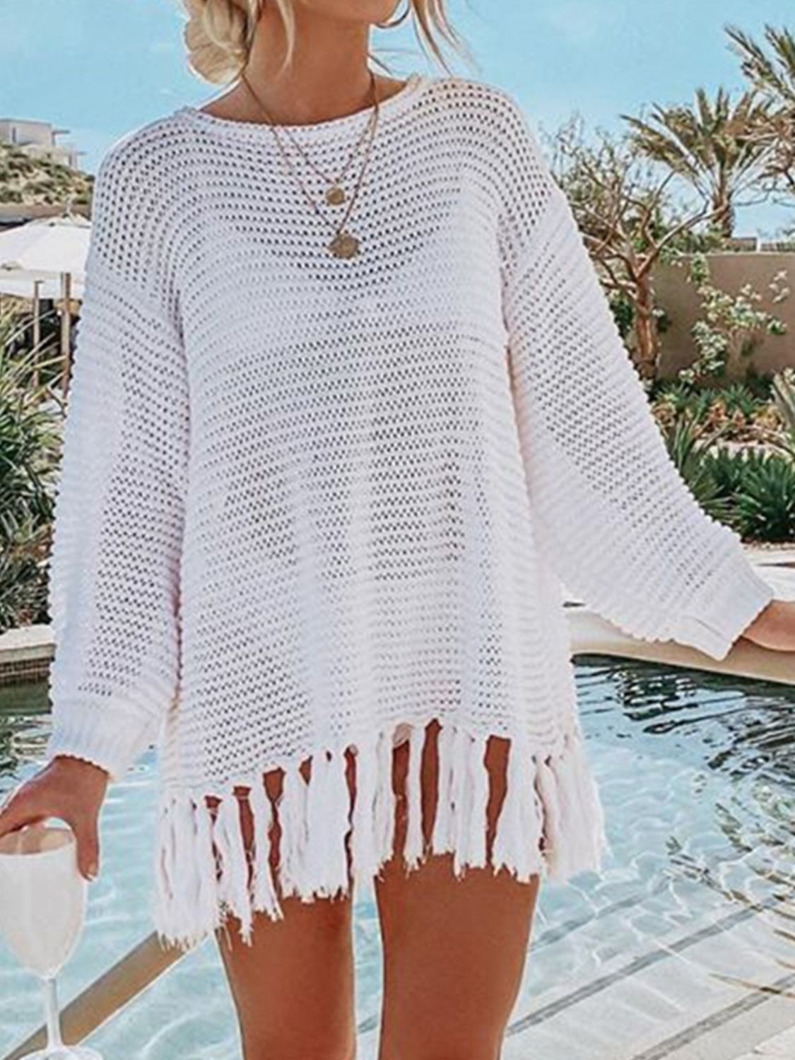 Openwork Tassel Hem Knit Cover Up