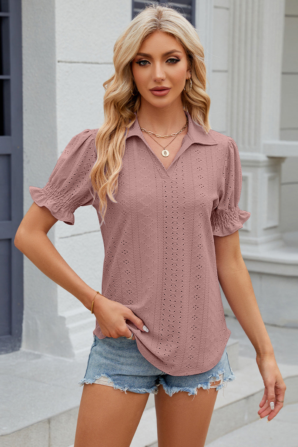 Johnny Collar Short Sleeve Blouse