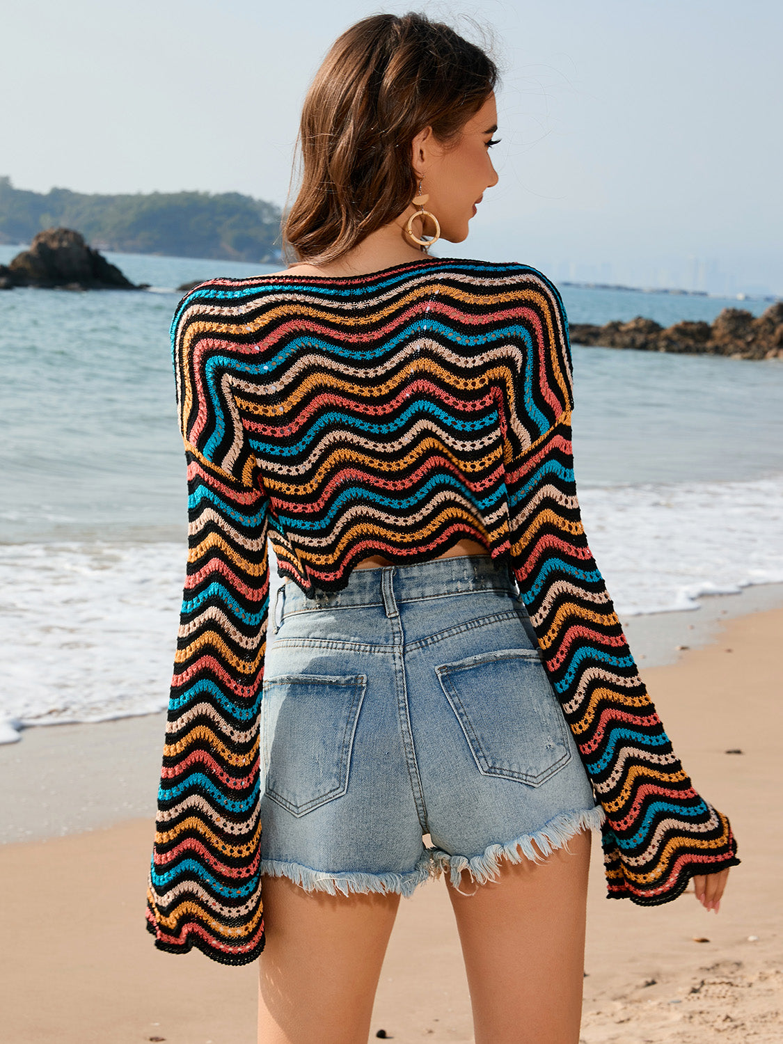 Striped Open Knit Long Sleeve Cover Up