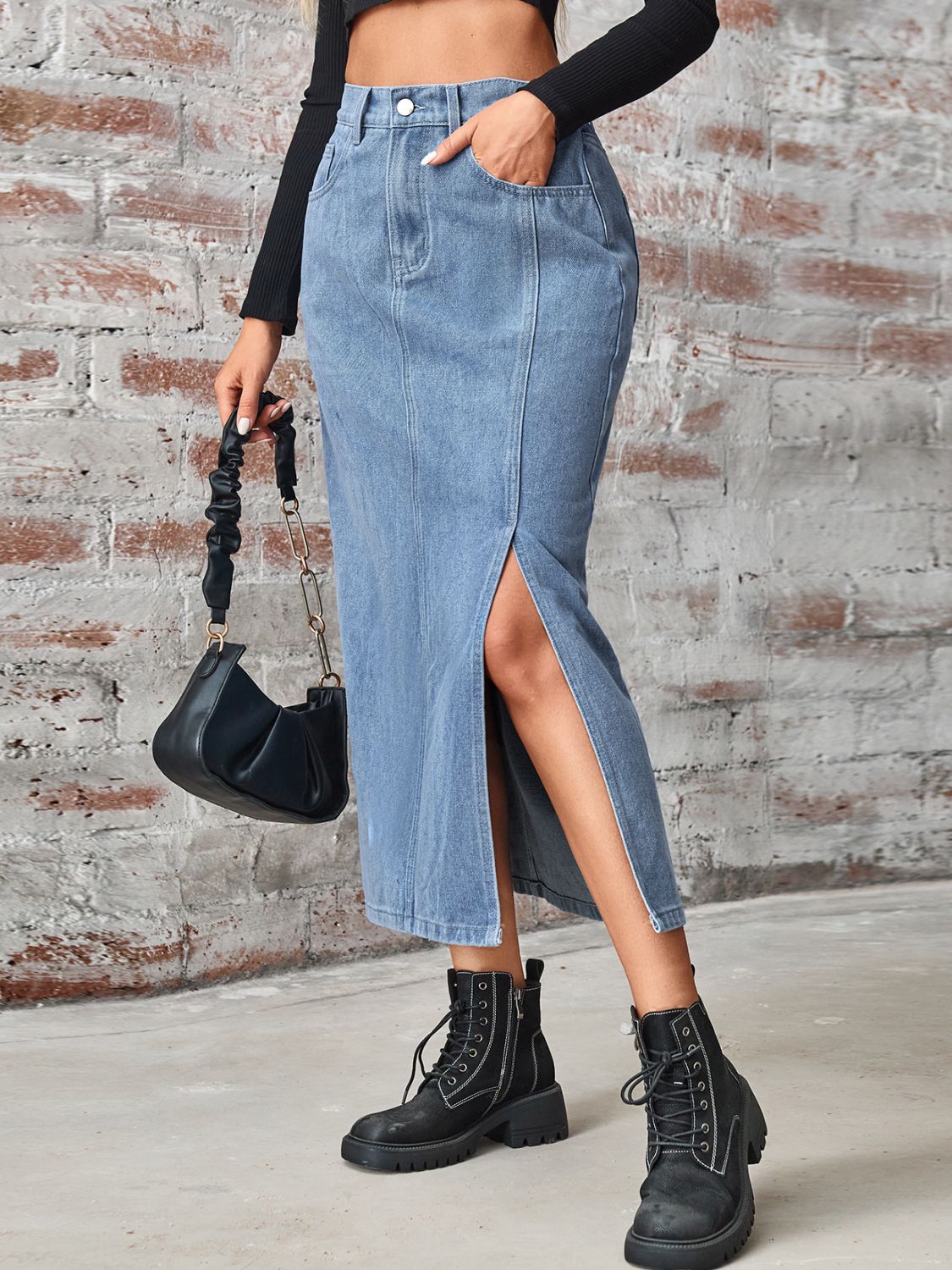 High Waisted Denim Skirt with Slit