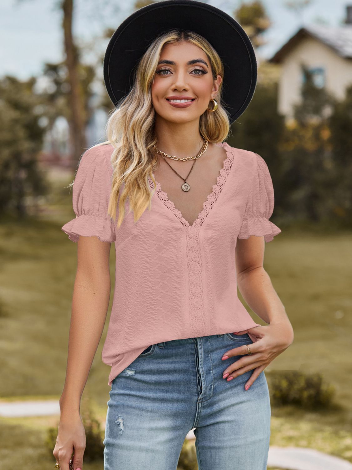 Lace Detailed V-Neck Blouse