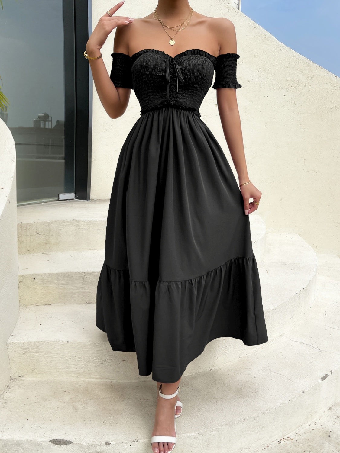 Off-Shoulder Short Sleeve Dress