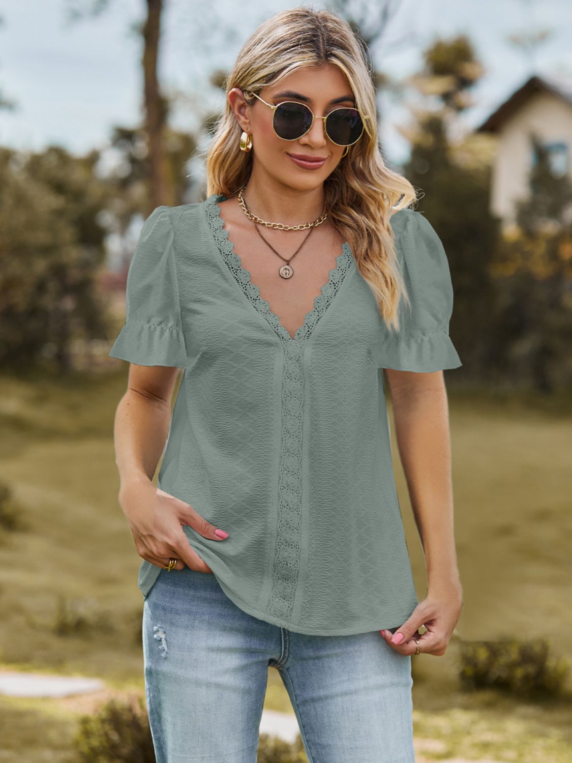 Lace Detailed V-Neck Blouse