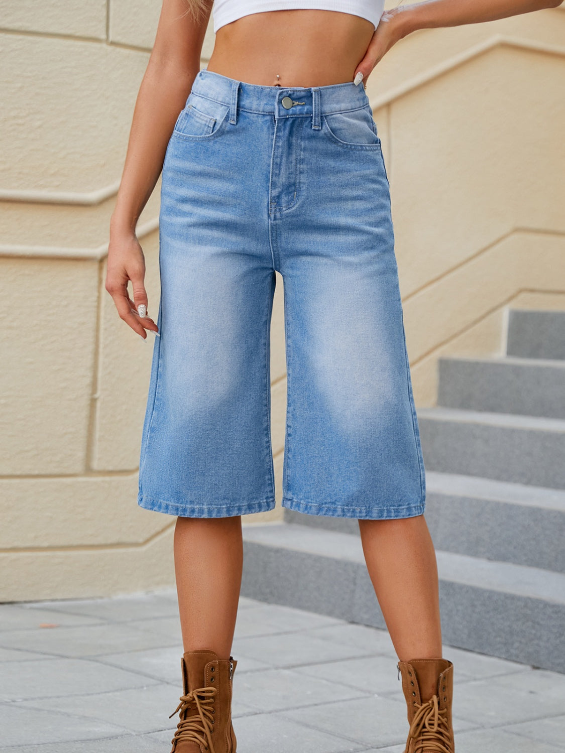 High Waisted Long Denim Shorts